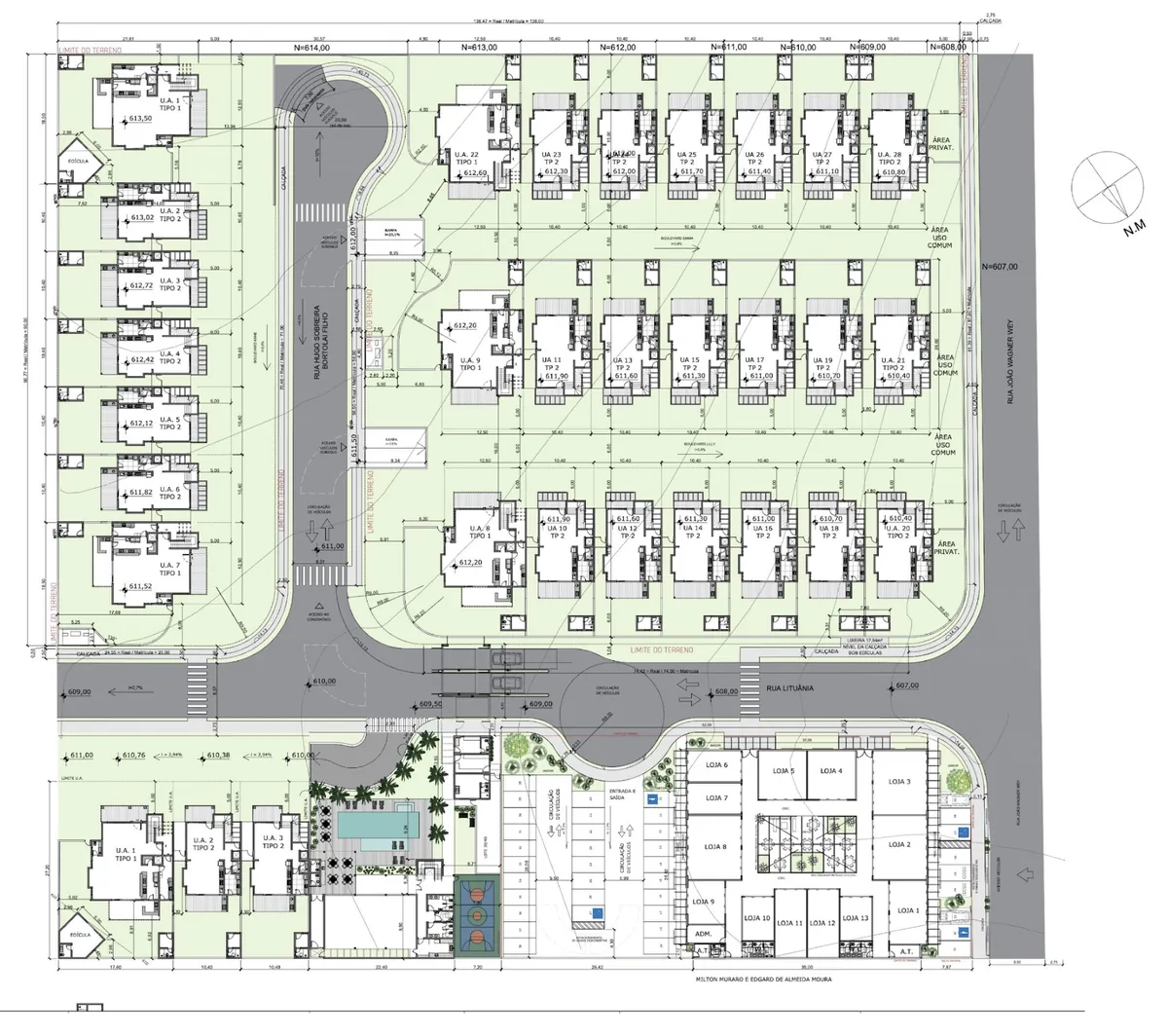 Implantação preliminar do Jardins de Victoria: trinta e uma casas em quatro boulevards, edifício de lazer com piscina, portaria e street mall com treze lojas