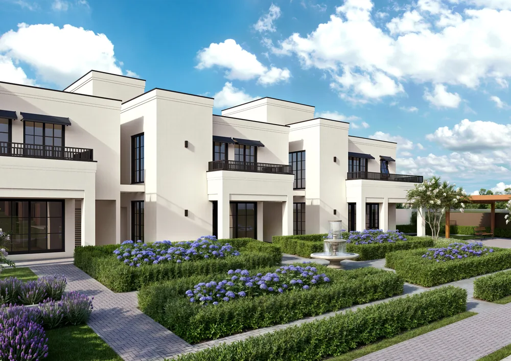 Perspectiva ilustrativa de um boulevard do Jardins de Victoria: casas brancas, canteiros de hortênsias e lavanda, fonte e pérgola ao fundo