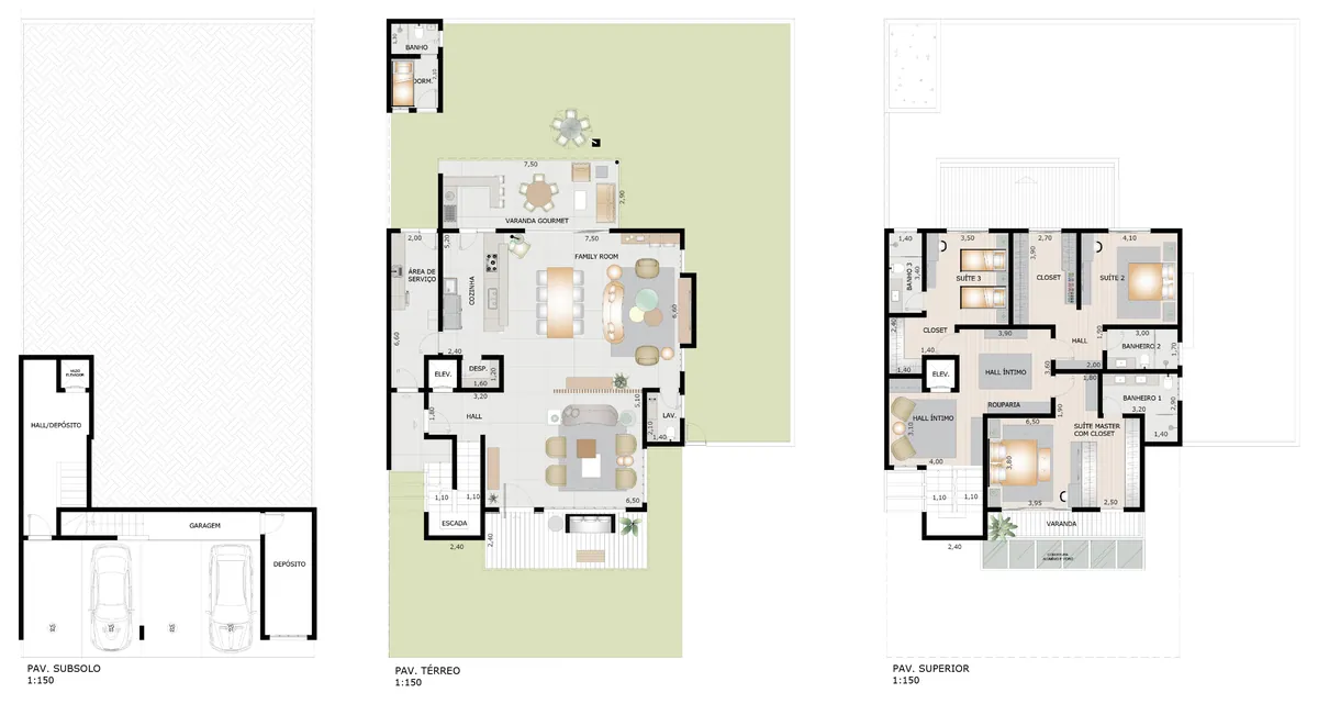 Plantas ilustrativas da Casa Prime: subsolo com garagem e depósito, térreo com family room, cozinha gourmet e varanda, pavimento superior com suíte master com closet, duas suítes e home office