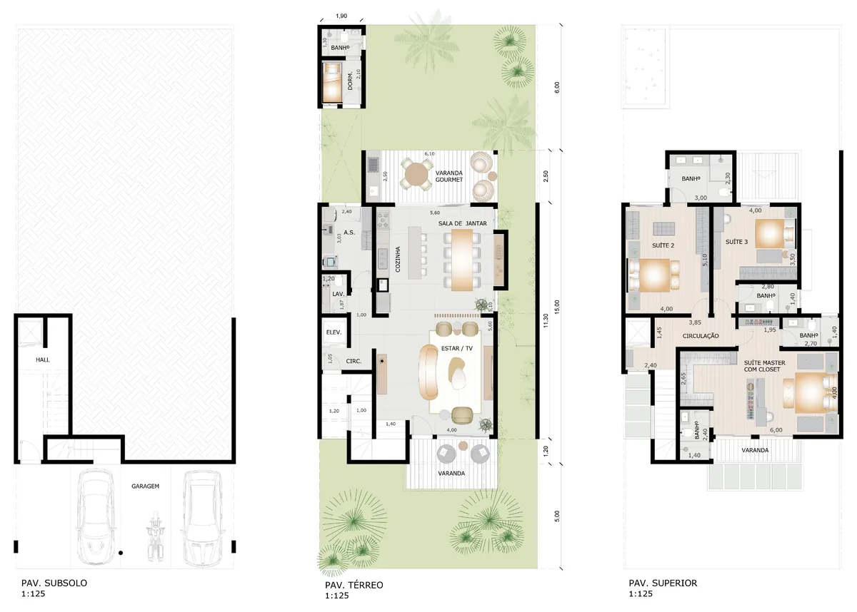 Plantas ilustrativas da Casa Tipo: subsolo com garagem para quatro carros, térreo com estar, jantar, cozinha e varanda gourmet, pavimento superior com três suítes